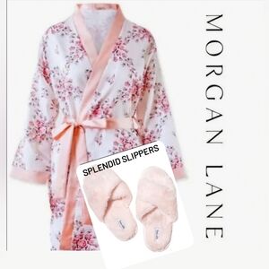 Satin Robe White Floral by Morgan Lane Size L / XL, & Splendid Pink Slippers S/M
